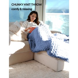 YnM Chunky Throw Blanket, Medium-Weight, Hand Knitted with Chenille Yarn, Skin Friendly, Ventilated and Breathable, Machine Washable, Home Décor Piece for Couch Sofa and Bed (Chambray Blue 50x60 Inch)