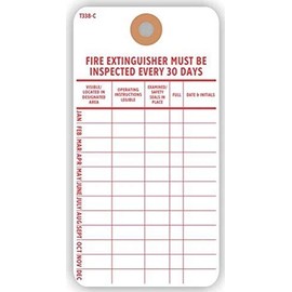 FIRE Extinguisher Monthly Maintenance Tag, 3" x 5.75", Red Print on White 13 Pt. Cardstock w Reinforced Hole - Pack of 100 Tags