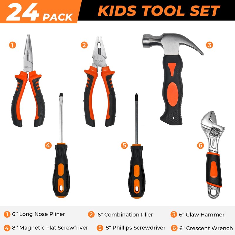 INCLY 24 PCS Kids Real Tool Set with Tool Bag,