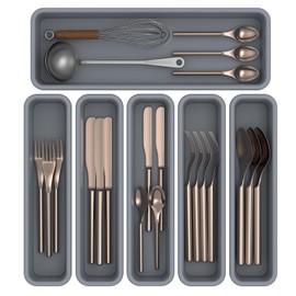 6 Pack Silicone Drawer Organizer for Kitchen, DIY Free Combination Silverware Organizer, Utensil Drawer Organizer, Moisture-proof and Heat-resistant up to 200°C, Anti-slip and Environmentally (Grey)