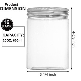 Tebery 16 Pack Clear Plastic Jars Bottles Containers with Silver Ribbed Lids 20oz Straight Cylinders Storage Canisters for Food & Home Storage
