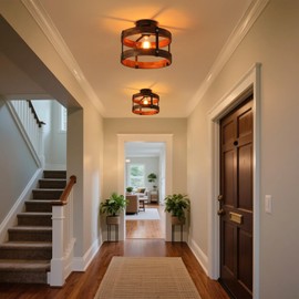 Rustic Farmhouse Wood Flush Mount Ceiling Light Fixture 1 Light Oak Wood and Metal Round Drum Semi Flush Mount Ceiling Light for Kitchen Hallway Entryway Bedroom Farmhouse Country, Black