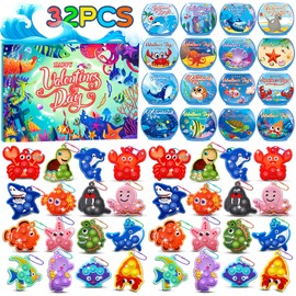 32 PCS Valentines Day Gifts for Kids,Valentines Cards for Kids Classroom with Sea Animal Pop Fidget Toys,Valentines Exchange Gifts for Kids Classroom,Valentines Party Favors for Boys Girls