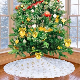 RongXuan Christmas Tree Skirt Plush Round Christmas Tree Blanket with Sequins Snowflake Christmas Tree Stand Carpet Tree Blanket 48 Inches Gold