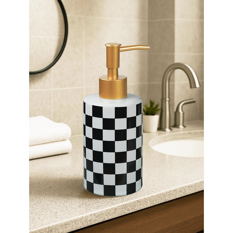 Checkered Ceramic Soap Dispenser White and Black,Liquid Lotion Dish Hand