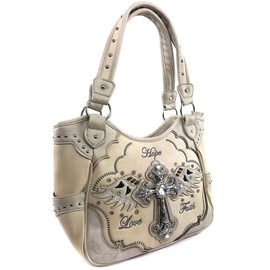 Justin West Western Floral Wing Embroidery Laser Cut Rhinestone Silver Cross Studded Shoulder Tote Handbag Purse Wallet (Beige Handbag)