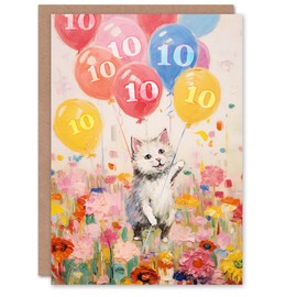 Artery8 10th Birthday Greeting Card Flowers Kitty Cat Balloons Kids Age 10 Year Old Child