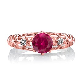 Gem Stone King 1.12 Ct Round Red Created Ruby White Diamond 18K Rose Gold Plated Silver Ring (Size 9)
