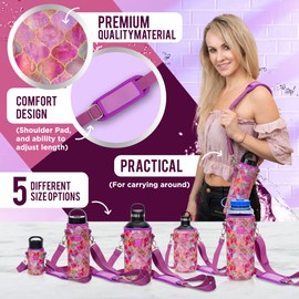 Made Easy Kit Neoprene Water Bottle Carrier Holder with Adjustable Shoulder Strap for Insulating & Carrying Water Container Canteen Flask Available in 5 Sizes (Purple Stained Glass, L+Tall (40oz))