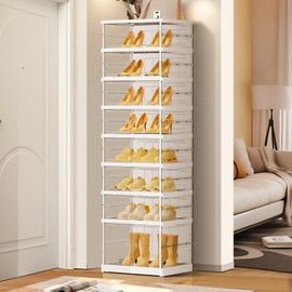 EHAMILY 8 Tiers 8-16 Pairs Foldable Shoe Boxes Small Plastic Shoe Storage Rack Collapsible Shoe Organizer for Closet Shoe Shelf Clear Stackable Quick Assembly Storage Cabinet with Doors White