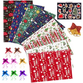 Larcenciel Christmas Wrapping Paper, 8 Sheets Brown Kraft Wrapping Paper with Bow & Sticker, Lovely Gift Wrapping Paper Red/Green, Recycled Xmas Gift Wrap for Christmas, Birthday, Anniversary, 70x50cm