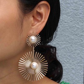 Allereya Vintage Sunburst Earrings Pearl Earrings Geometric Sun Dangle Earrings Gold Beads Stud Earrings Jewellery for Women and Girls (Gold)