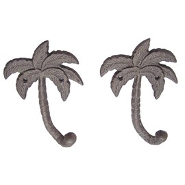 Wowser Palm Tree Cast Iron Wall Hooks, Wall Mounted for Hanging Coats, Purses, Towels, Hats, Beach Themed Wall Decor, Set of 2, 6.5 Inches High (Gray)