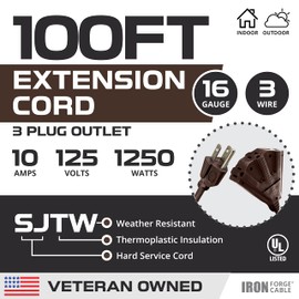 Iron Forge Cable 100 Ft Brown Extension Cord with 3 Outlets,16/3 SJTW Heavy Duty Outdoor Extension Cord, Multiple Outlets, 3 Prongs, Weatherproof Cable for Appliances, Garden, Lawn, Lights Decoration