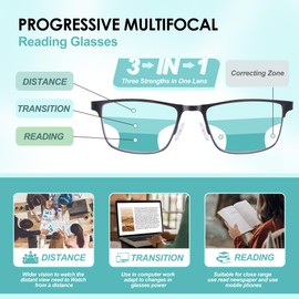 OKH 3 Pack Progressive Multifocus Reading Glasses Men Blue Light Blocking Multifocal Readers w/Spring Hinge No-Line Eyeglasses,+250