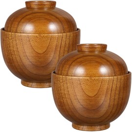 Baluue 2pcs Wooden Bowls with Lids, Handmade Wood Japanese Style Miso Drop-Resistant Bowl for Soup, Rice, Salad, Snacks, 3.93 X 3.54 Inch, Smooth Surface for Home Use