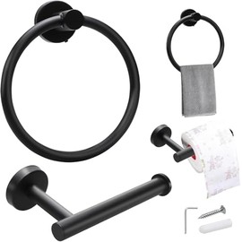 2 PCS Toilet Roll Holder Black Hand Towel Ring Set for Bathroom - 304 Stainless Steel with Chrome Plated Surface - No Drilling Easy Installation