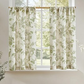 jinchan Linen Kitchen Curtains 36 Inch Vintage Gray Floral Tier Curtains Farmhouse Cottage Cafe Rod Pocket Country Small Window for Laundry Room Bathroom RV 2 Panels Green on Beige