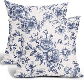 Blue and White Floral Throw Pillow Covers Chinoiserie Cushion Case 18 x 18 Inch Navy Blue Flowers Pillow Cover Decorative Vintage Cotton Linen Square Pillowcases for Couch Bed Sofa Chair Set of 2