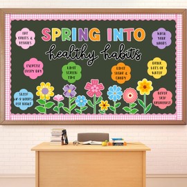 Whaline Spring Health Bulletin Board Set Colorful Flower Cutouts Spring Into Healthy Habits Classroom Decoration for School Home Wall Chalkboard