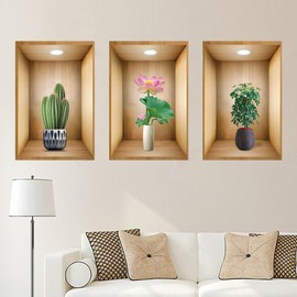 3Pcs 3D Green Tree Wall Decals, 3D Cactus Lotus Wall Stickers, Peel and Stick Removable Wall Stickers for Home Office Living Room Bedroom Art Room Decor, 11.8 x 17.7 Inch (3D Green Plants 9)