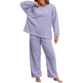 BAJAOEY Pajamas for Women Sets Soft Comfy Fluffy Pajama Fleece Pullover Ribbed Pjs Warm Plush Lounge Sleepwear 2 Piece,Purple,M