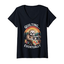 Womens Sloth Quilting Eventually Funny Quilting V-Neck T-Shirt