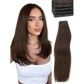 WIGNEE Double Invisible PU OVO Human Hair Extensions 100% Remy Hair Weft Brown Hair Extensions Human Hair 2 PCS 14 Inch No Glue Genius Weft Micro Bead Real Human Hair Extensions (2)