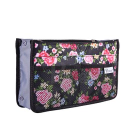 Periea Chelsy Purse Organizer Insert with Handles & 13 Pockets - 3 Sizes (Black Floral, Medium)