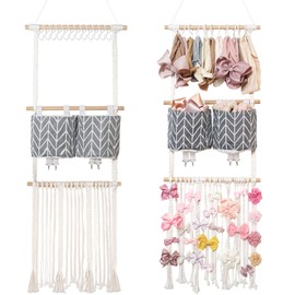 kangaroo Hairband Organizer for Baby Girls, Large Capacity Bow Holder Hair Accessories Wall Hanging Organizer with 20 S-hooks and 2 Pockets, Yellow