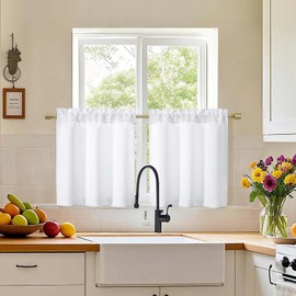Simplebrand Pure White Short Light Filtering Cafe Curtains Tier 24 Inch Length 2 Panels Set, Modern Solid Kitchen Small Window Curtains for Bathroom, Basement, Cabinet, Camper, Each 30" Wx24 L Inches
