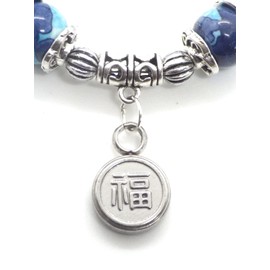 Tibetan vintage women's bracelet in white jade bead, blue and purple coloured with a pendant in the shape of a Chinese painting