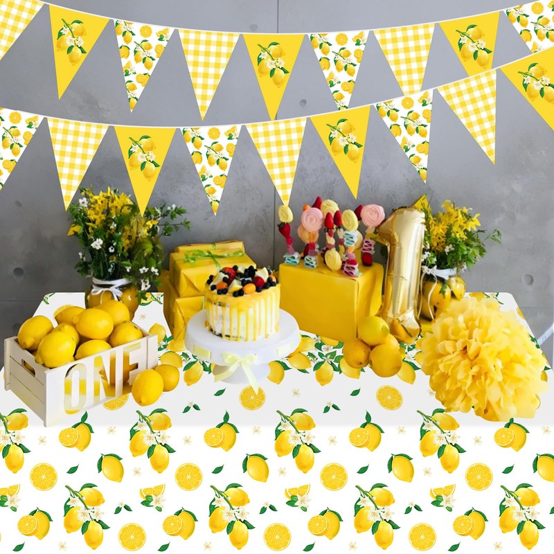 4 Pcs Lemon Party Decoration Lemonade Tablecloth Lemon Triangle Banners