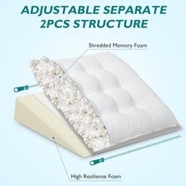 TANYOO Bed Wedge Pillow for Sleep Apnea 7.5Inch Gerd Pillow Patent Dual Layer Triangle Pillow Adjustable Shredded Memory Foam Topper Soft Support Ideal for Acid Reflux, After Surgery, Snoring