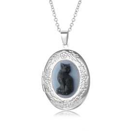 Vintage Cat Locket Necklace for Women Men Unique Photo Locket Hold Picture Engraved Flower Oval Round Pendant Necklace Antique Carved Pattern Souvenir Memorial Clavicle Memorial Jewelry (Black)