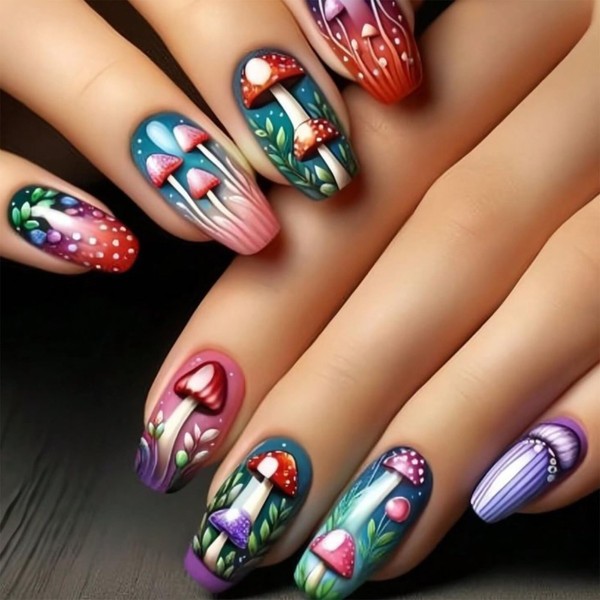 Medium Press on Nails Ballerina Shaped Fake Nails Colorful Gradient