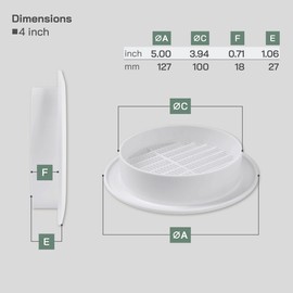 Vent Systems 4'' Inch - White - Soffit Vent Cover - Round Air Vent Louver - Grill Cover - Built-in Insect Screen - HVAC Vents for Bathroom, Home Office, Kitchen