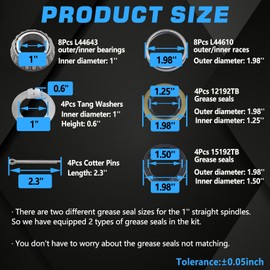 LUXTRKSTO 4 Sets for 1'' Axle Trailer Hub Bearings Kits, L44643 / L44610 Bearings Set with D-Style Tang Washers, 12192TB 15192TB Grease Seals, Cotter Pins for 2000-2200 lbs BT8 Straight Spindle