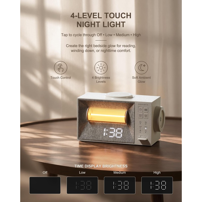 Sound Machine Alarm Clock with Wireless Charger for Bedroom, Hotel