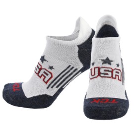 TCK USA No Show Socks for Men & Women - Soft Cushioned Patriotic Low Cut Sock for Golf, Running, Training | Targeted Compression (Large) - White/Navy/Scarlet/USA,Large