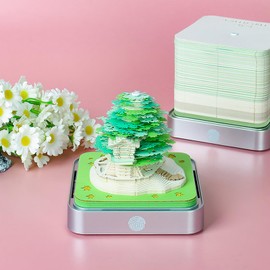 3D Memo Pads Paper, Creative Time Piece 2024 Notepad Artopad Carving Gift Desktop Decoration, Artist DIY Notes With LED Lights Craft (2024 Green Tree)