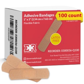 Ever Ready First Aid 1” x 3” Fabric Adhesive Bandages, Latex-Free Stretchy Strips – 100 Count