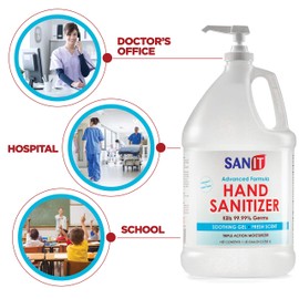 Sanit Moisturizing Hand Sanitizer Gel 70% Alcohol - Kills 99.99% Germs, Advanced Formula with Vitamin E and Aloe Vera - Soothing Gel, Fresh Scent, Made in USA - 1 Gallon with Pump & 2oz Refill Bottle