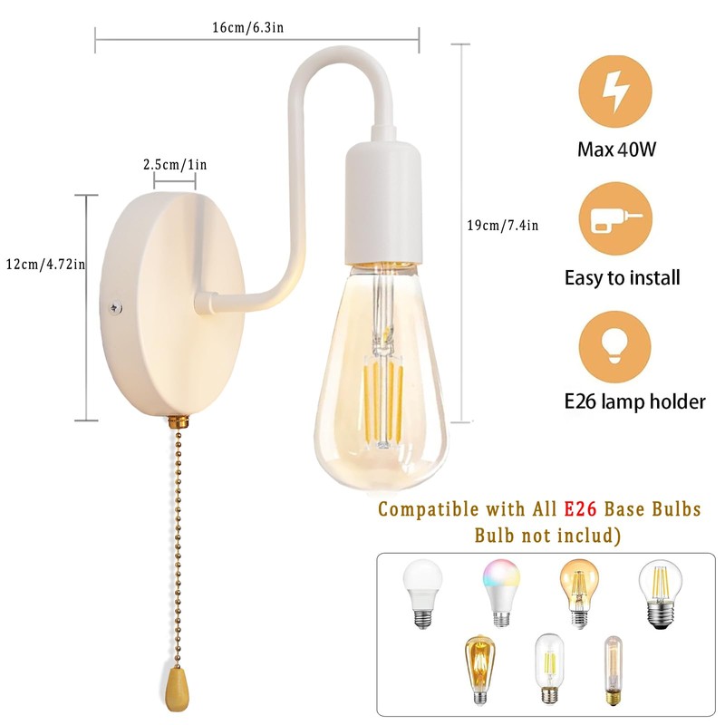 DTIEDY Hardwired Pull Chain Wall Sconce White, 1-Light Wall Light