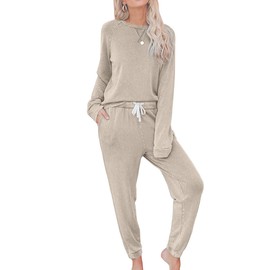 Bunanphy Womens Lounge Wear Pullover Pajamas Long Sleeve Plain PJ Sets Ladies Loung Wear Casual Sleepwear with Pockets Khaki A Medium