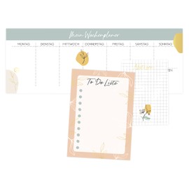 Papierdrachen Weekly Planner - 3 Writing Pads for Notes and To Do List - Daily Planner Springflower - Ideal for School, Work, University and Household - 10.5 x 29.7 cm | DIN A6 | DIN A7 - Set 4
