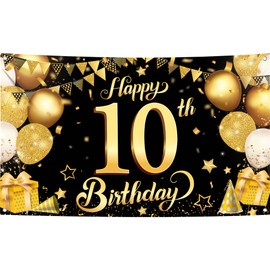 10th Happy Birthday Black Wall Banner,Foil