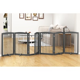 PUPETPO Freestanding Pet Gate with Door, Tall Dog Gate for House, Dog Gates for The House Extra Wide, Pet Puppy Safety Fence, Support Feet Included, 120 Inch Wide, 6 Panels 32" Tall, Gray