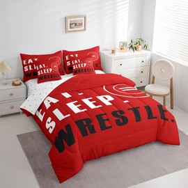 Feelyou Wrestling Sports Comforter Set with Sheets Twin Size Wrestling Sports Theme 7 Pieces Bedding Set for Kids Boys Girls Teens Red Wrestle Rodeo Bed in a Bag Wrestle Themed Bed Set
