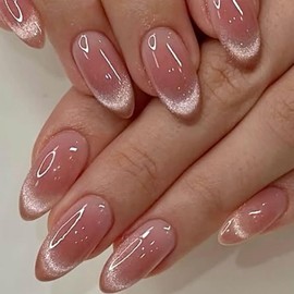SXVME Cat Eye Ombre Pink Press on Nails Almond Shape, French Tip False Nails Medium Stiletto, Glitter Blush Pink Fake Nails Press ons, Bling Sparkle, Reusable Gel Stick on Nail for Women, 30 Pcs